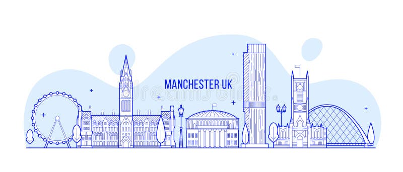 Manchester skyline, Greater Manchester, England, UK. This illustration represents the city with its most notable buildings. Vector is fully editable, every object is holistic and movable. Manchester skyline, Greater Manchester, England, UK. This illustration represents the city with its most notable buildings. Vector is fully editable, every object is holistic and movable
