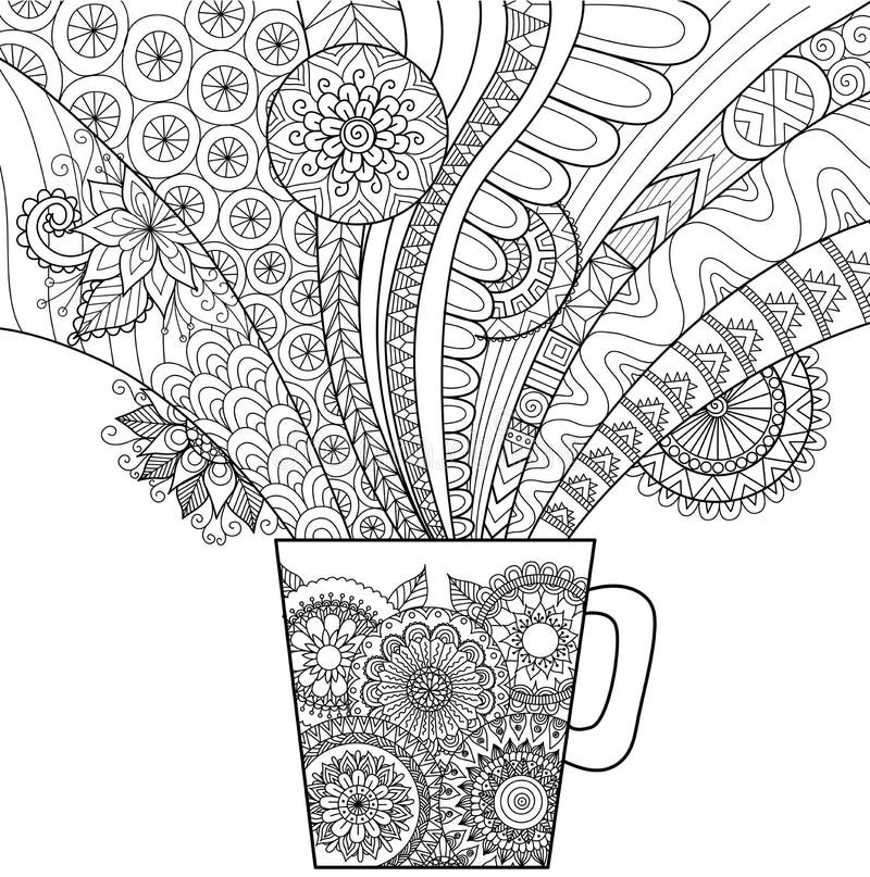 Linje konstdesign av en råna av den varma drinken för färgläggningboken för vuxen människa och andra garneringar royaltyfri illustrationer