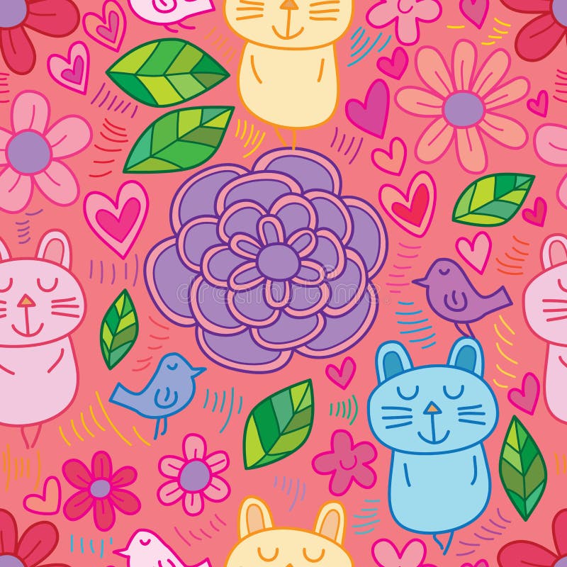 Linje okänd sömlös modell för blommakattfågel royaltyfri illustrationer Linje okänd sömlös modell för blommakattfågel royaltyfri illustrationer