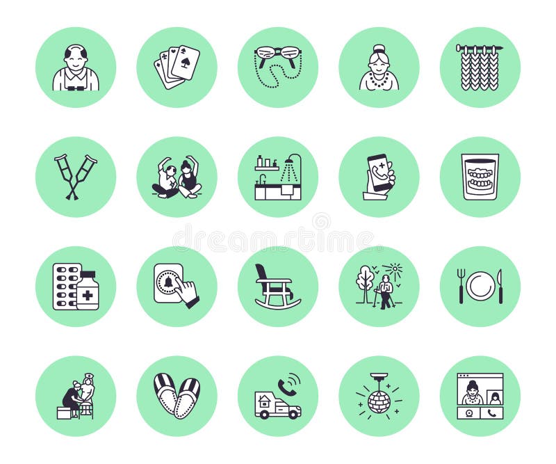Linje symboler f? r l? genhet f? r? ldringomsorgvektor Vårdhem - gamla människor aktivitet, rullstol, vård- kontroll, sjukhusappellk stock illustrationer