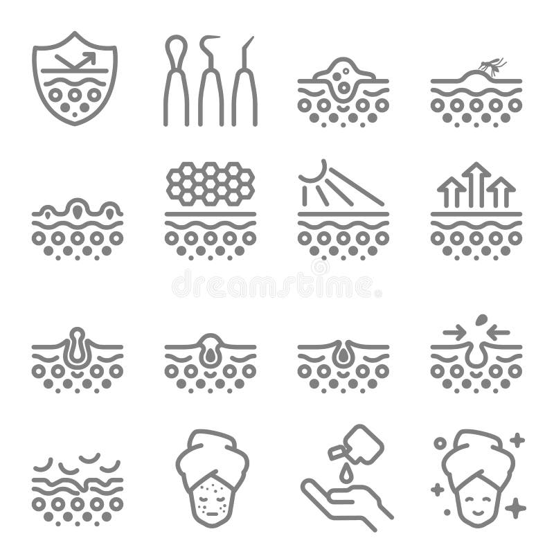 Linje symboler för vektor för hudomsorg Innehåller sådana symboler som akne, torr hud, behandling, finnen, utrustning och mer Utv vektor illustrationer