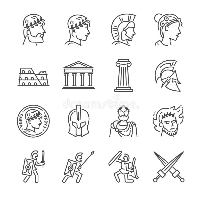 Linje symbolsuppsättning för romersk välde Inklusive symbolerna som soldat, kolonn, coliseum, fristad, kejsare och mer stock illustrationer Linje symbolsuppsättning för romersk välde Inklusive symbolerna som soldat, kolonn, coliseum, fristad, kejsare och mer stock illustrationer