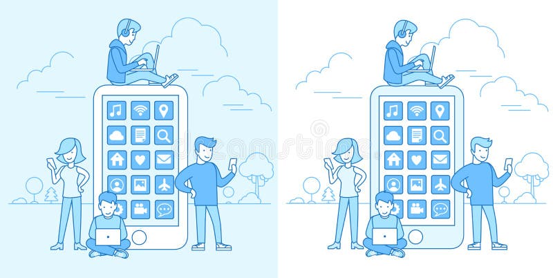 Linear Flat young people using their devices sitting on huge smartphone, standing vector illustration. Mobile application concept. Blue nature background with trees and clouds. Linear Flat young people using their devices sitting on huge smartphone, standing vector illustration. Mobile application concept. Blue nature background with trees and clouds.