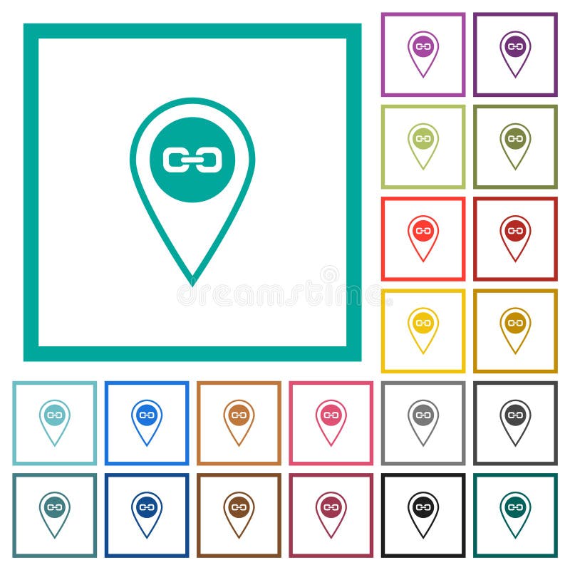 Link GPS location flat color icons with quadrant frames vector illustration