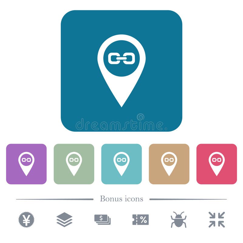 Link GPS map location flat icons on color rounded square backgrounds vector illustration