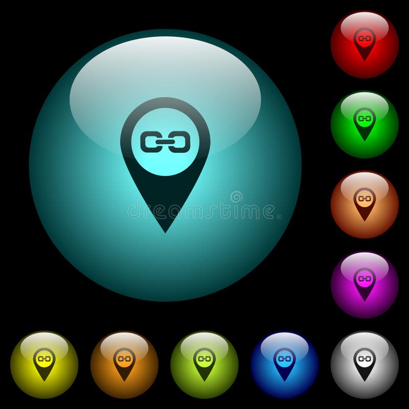 Link GPS map location icons in color illuminated glass buttons stock illustration