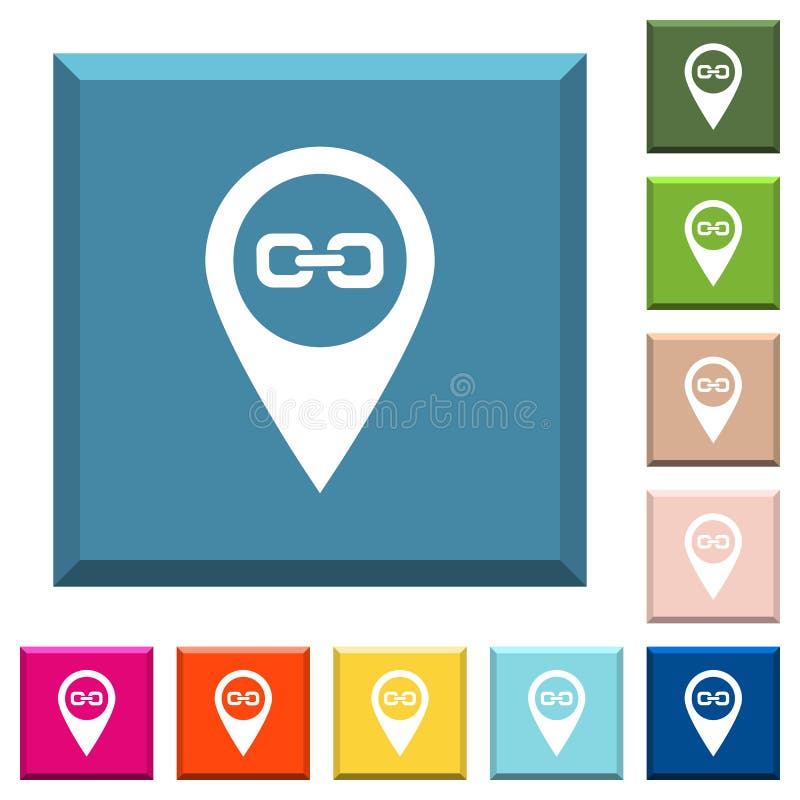 Link GPS map location white icons on edged square buttons stock illustration