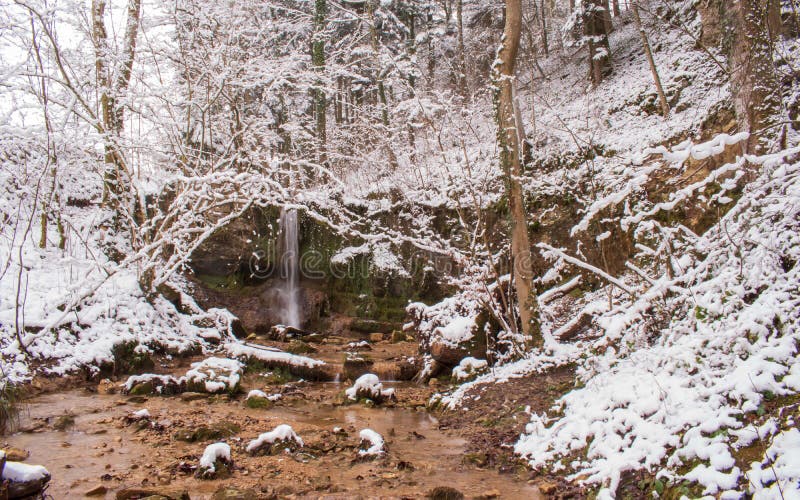 The Linn waterfall in the snow-covered forest in winter. Taken near Linn, Switzerland, in canton of Aargau stock photo The Linn waterfall in the snow-covered forest in winter. Taken near Linn, Switzerland, in canton of Aargau stock photo