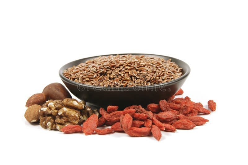 Linseed in a Bowl with Nuts and Goji Berries