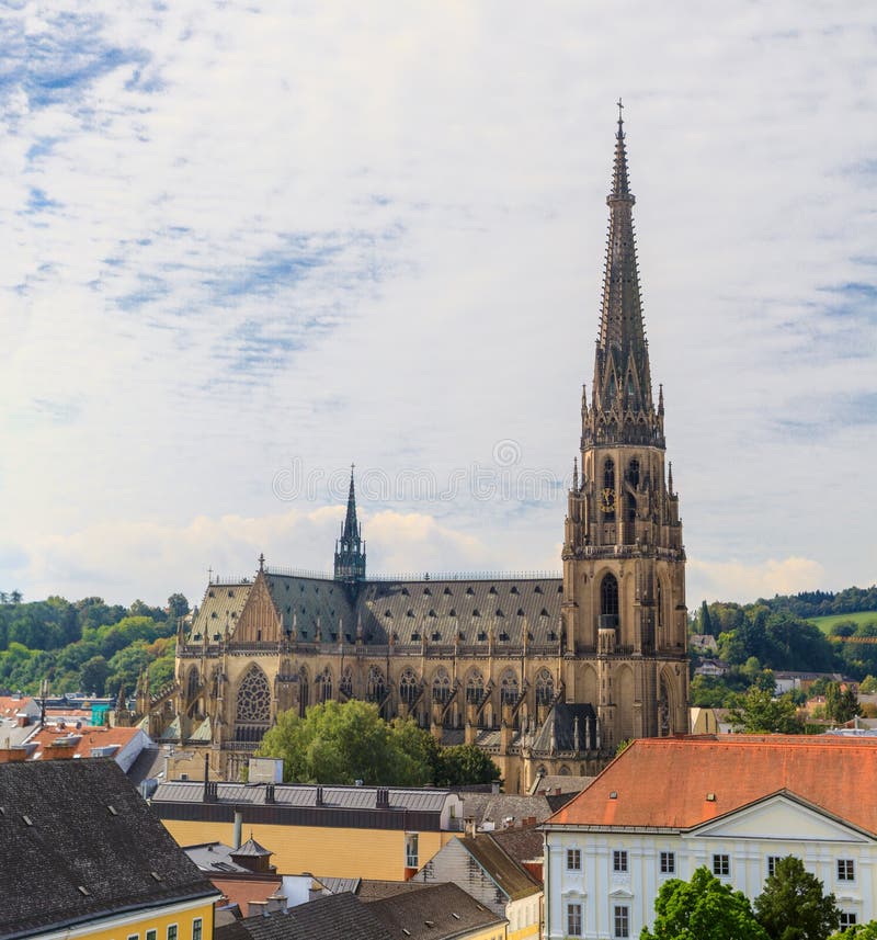 Linz Cityscape with New Cathedral, Austria stock photos