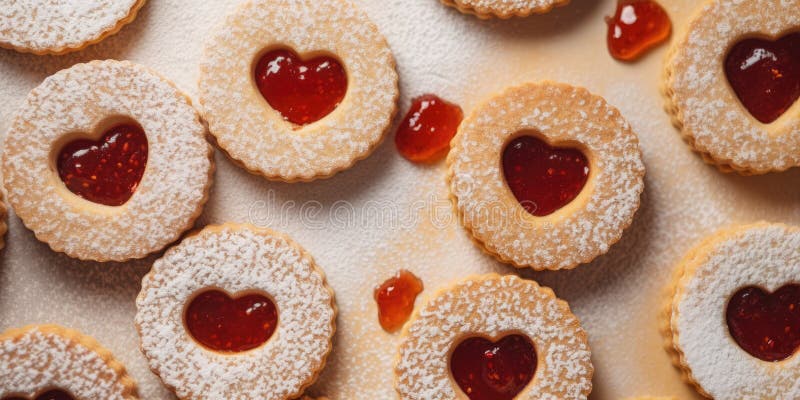 Linzer cookies, sugar powder, different colors, neutral background, tasty bisquits close-up.