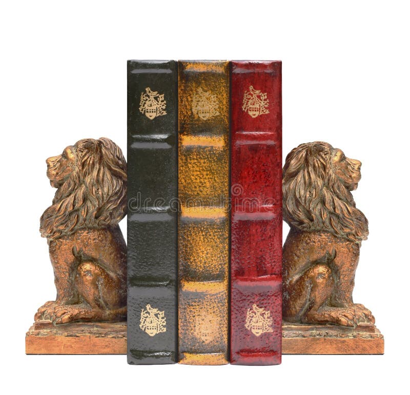 Lion Bookends and Antique Old Books