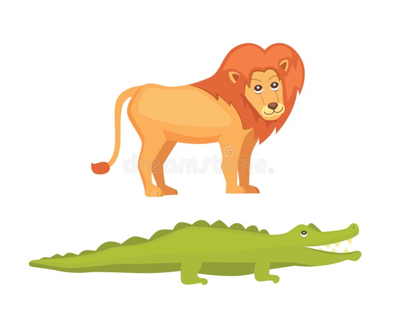 Lion and crocodile savanna animals in cartoon style royalty free illustration Lion and crocodile savanna animals in cartoon style royalty free illustration