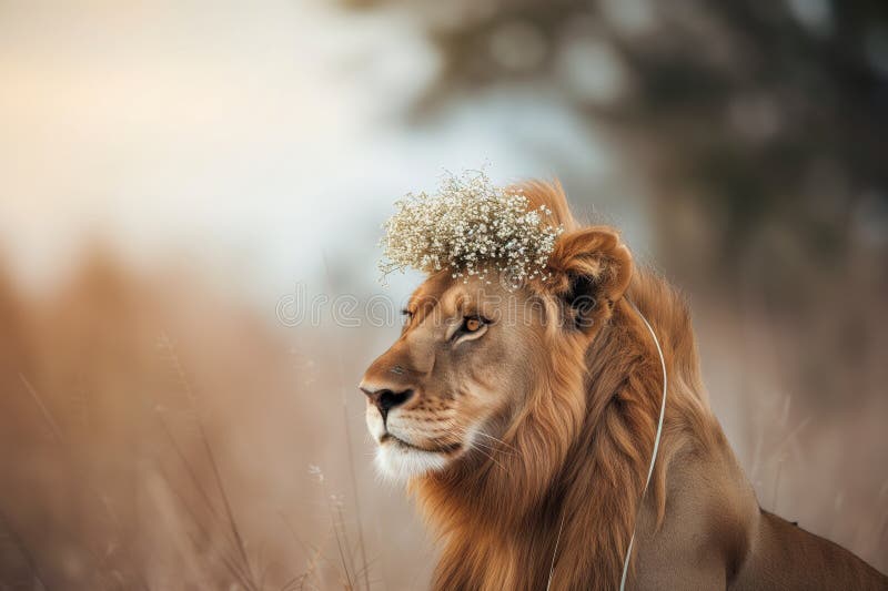 Lion with a crown of babys breath in soft focus royalty free stock images