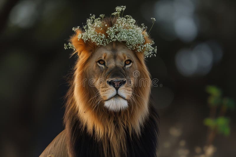 Lion with a crown of babys breath in soft focus stock photo