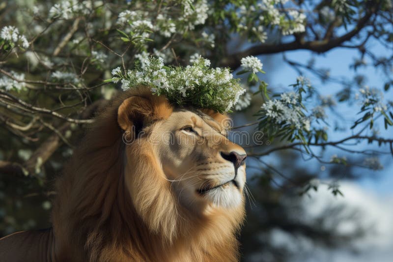 Lion with a crown of jasmine looking over its domain royalty free stock photos