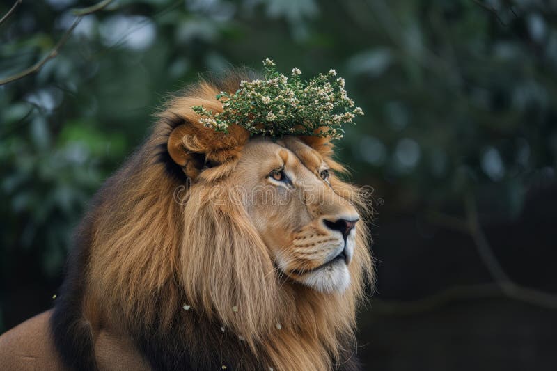 Lion with a crown of jasmine looking over its domain stock images