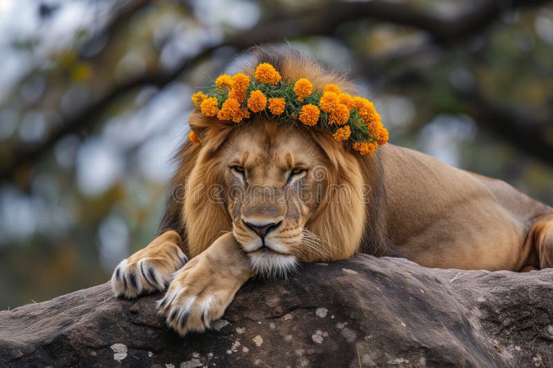 Lion with a crown of marigolds resting on a rock royalty free stock photography