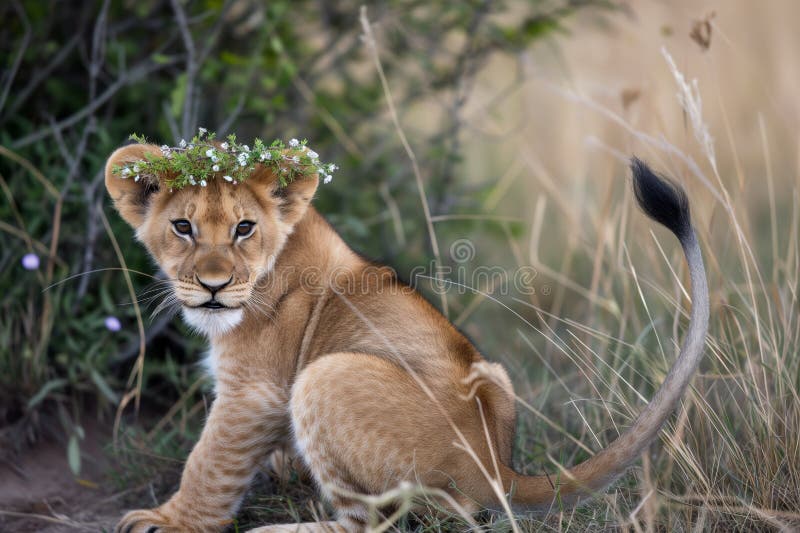 Lion cub with a small flower crown playing with tail stock images