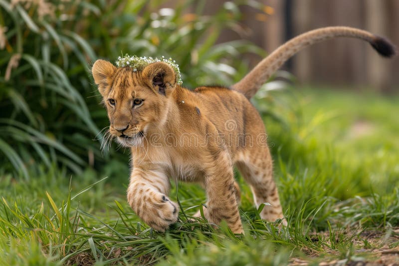 Lion cub with a small flower crown playing with tail royalty free stock photography