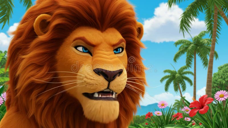 Lion d'animation rugit dans un cadre de jungle animée avec des plantes tropicales illustration de vecteur