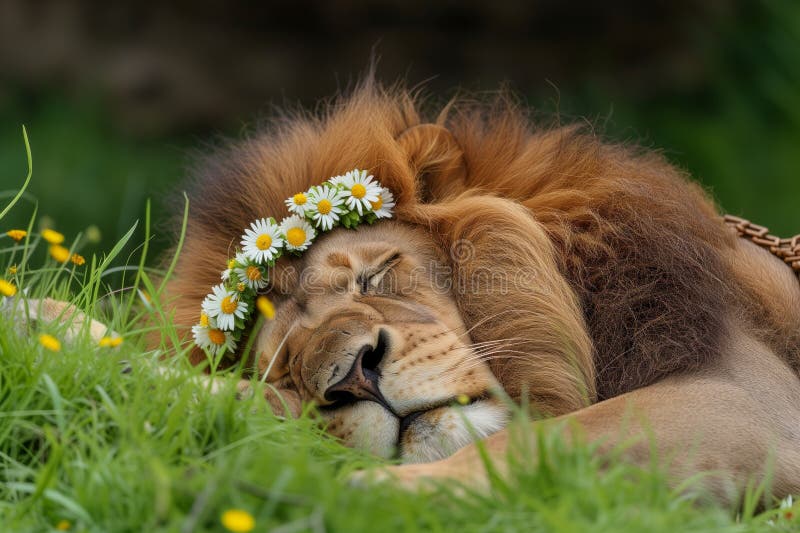 Lion with a daisy chain crown napping in grass royalty free stock photos