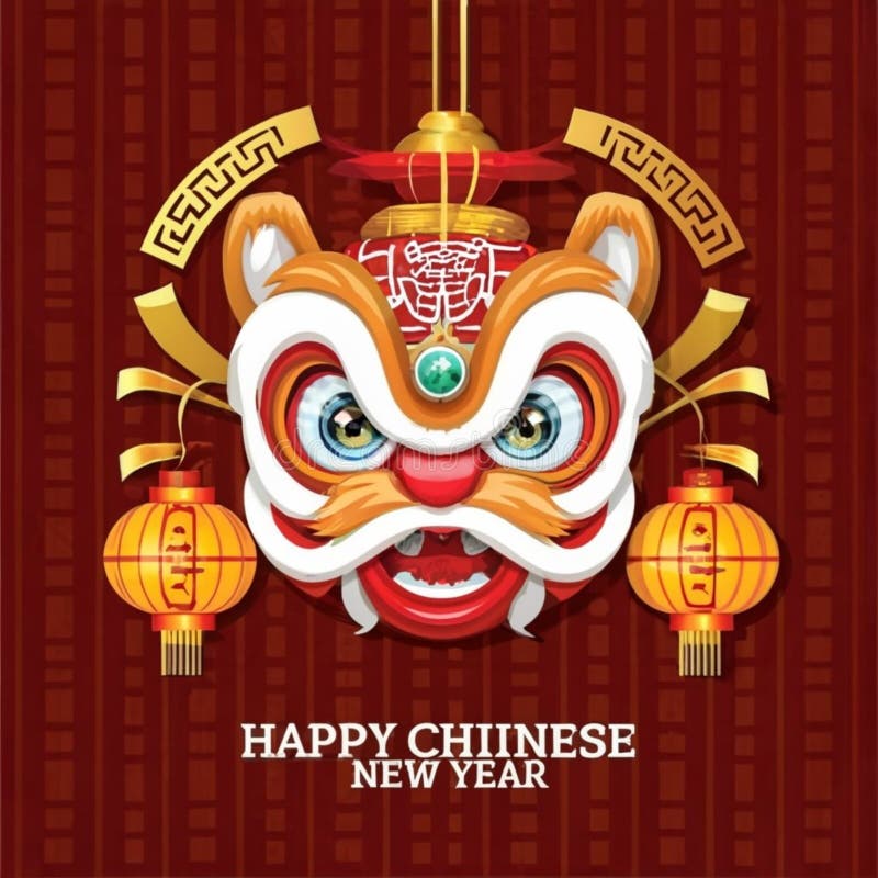 The image of a lion dance head and the words happy Chinese New Year are suitable for stickers, wallpaper, etc. The image of a lion dance head and the words happy Chinese New Year are suitable for stickers, wallpaper, etc