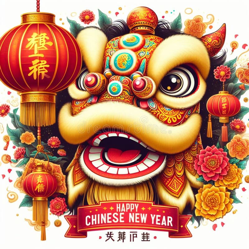 The image of a lion dance head and the words happy Chinese New Year are suitable for stickers, wallpaper, etc. The image of a lion dance head and the words happy Chinese New Year are suitable for stickers, wallpaper, etc