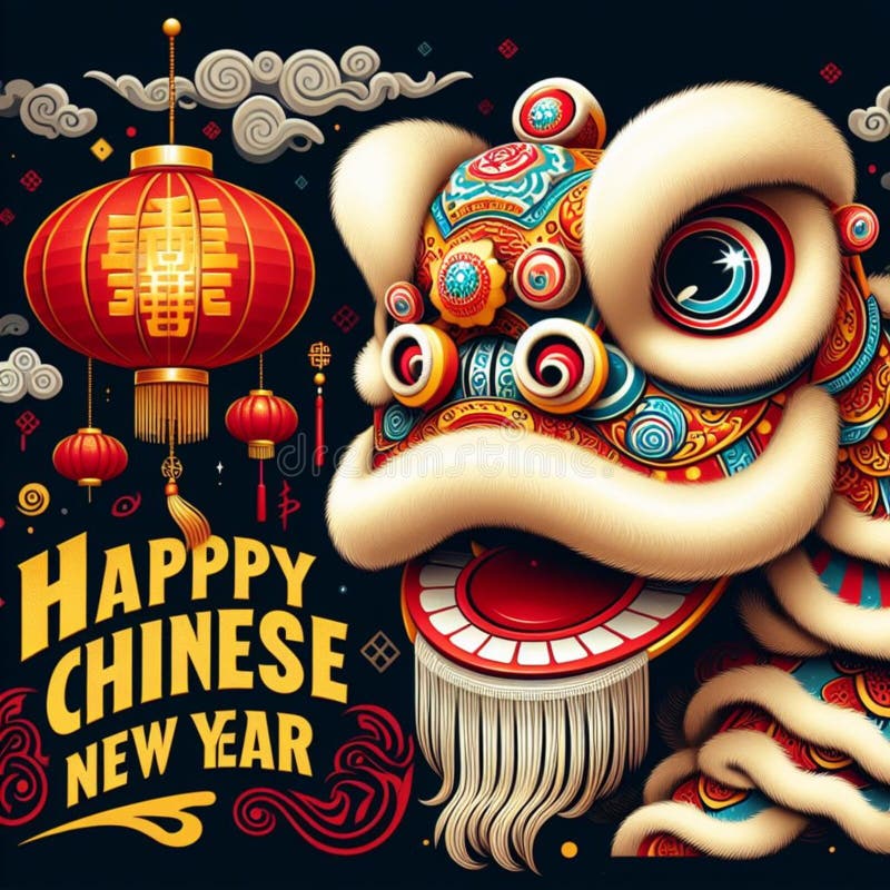 The image of a lion dance head and the words happy Chinese New Year are suitable for stickers, wallpaper, etc. The image of a lion dance head and the words happy Chinese New Year are suitable for stickers, wallpaper, etc