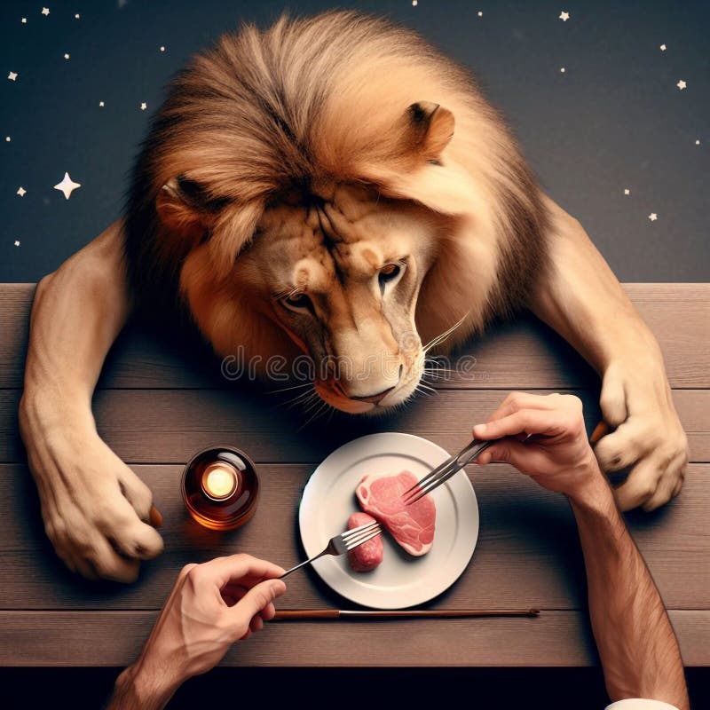 Lion Dining with a Human at a Table stock illustration
