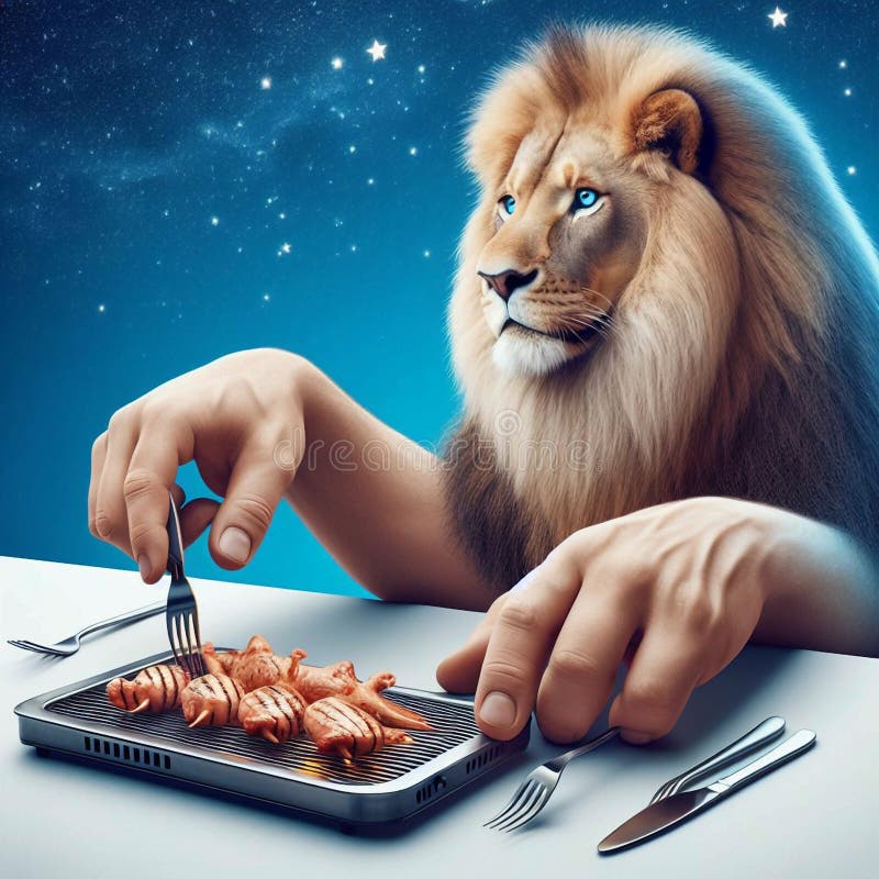 Lion Eating Grilled Chicken vector illustration