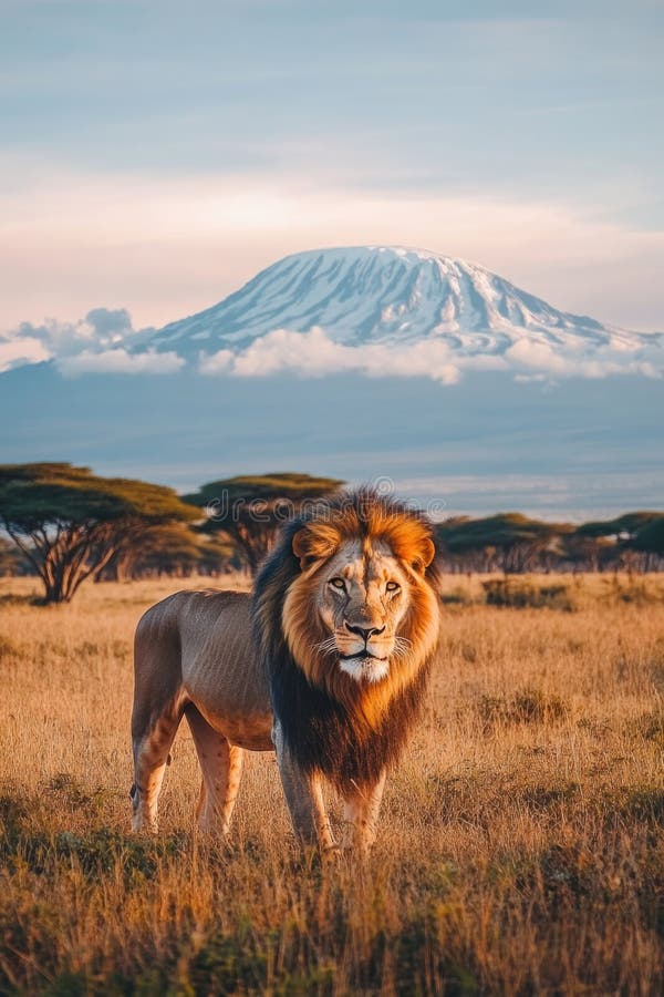 Lion in field with mountains stock image