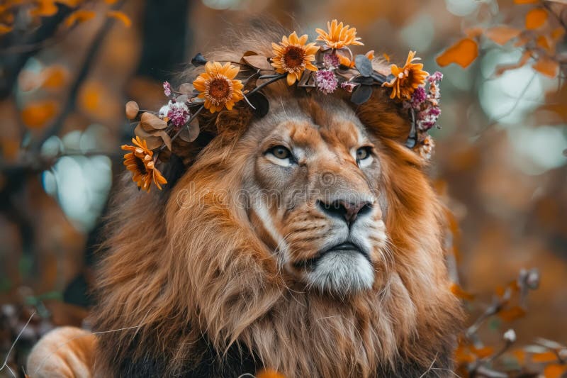 A lion with a flower crown on its head royalty free stock image