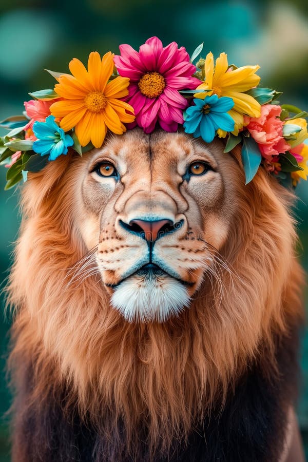 A lion with a flower crown on its head royalty free stock photo