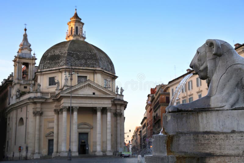 Lion fountain in Piazza del Popolo in Rome, Italy