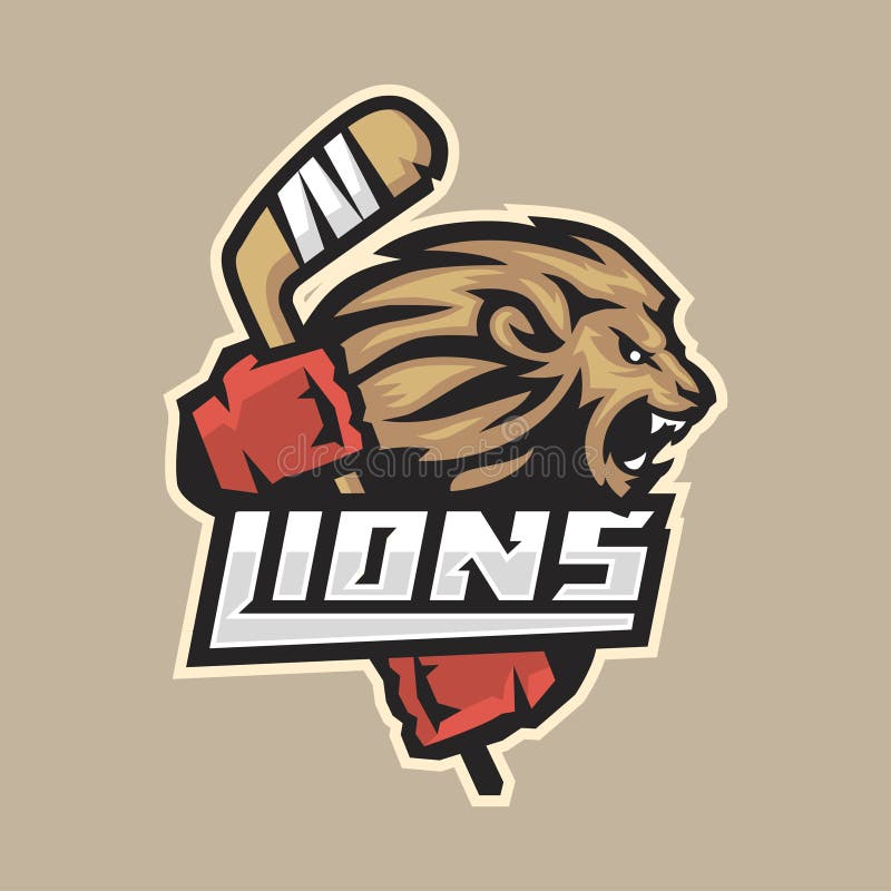 Lion féroce d'emblème d'hockey avec le bâton illustration stock Lion féroce d'emblème d'hockey avec le bâton illustration stock