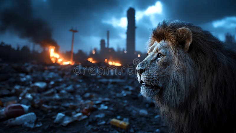 Lion gazing with intensity amidst a desolate, smoky landscape vector illustration
