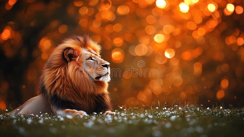 Lion gazing at the sunset in the savanna vector illustration
