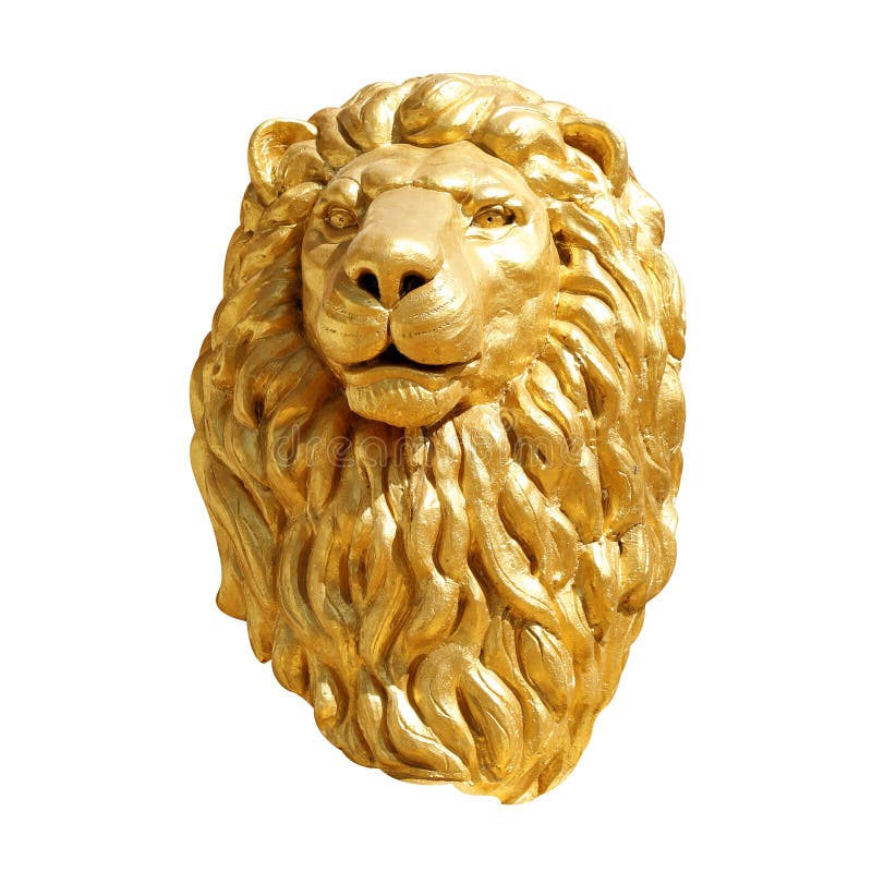 Lion Head dorato affronta la statua isolata su fondo bianco fotografie stock libere da diritti