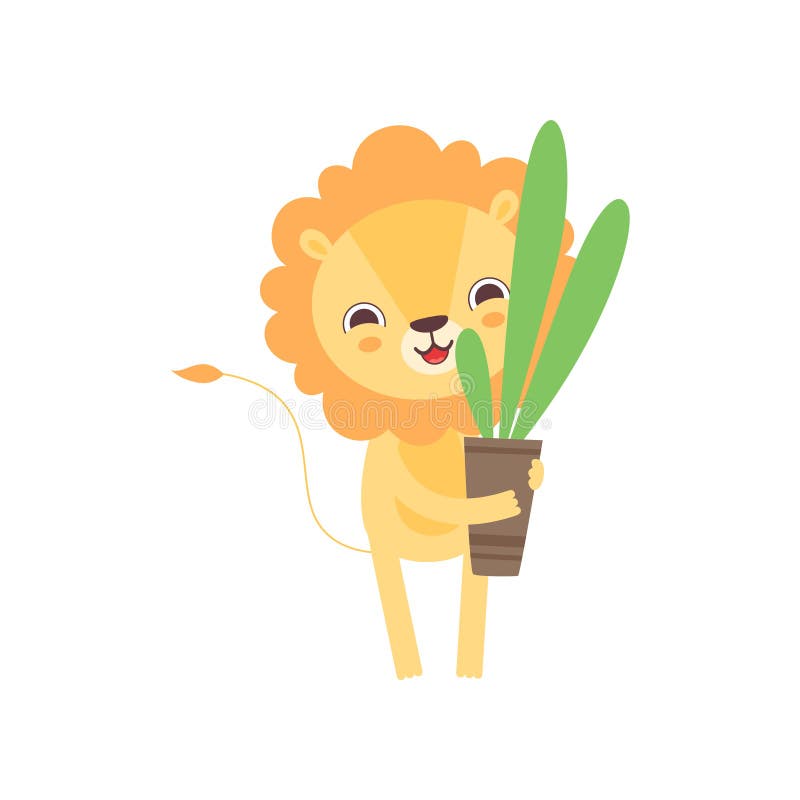 Lion Holding Flower Pot sveglio con la pianta da appartamento, illustrazione animale africana divertente di vettore del personagg illustrazione vettoriale Lion Holding Flower Pot sveglio con la pianta da appartamento, illustrazione animale africana divertente di vettore del personagg illustrazione vettoriale