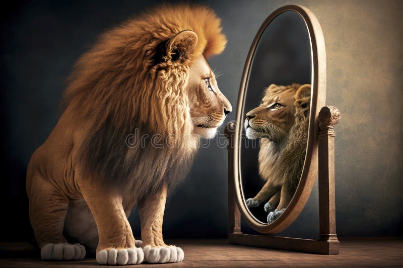 cat looking in mirror lion