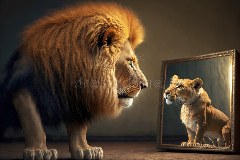 cat looking in mirror lion