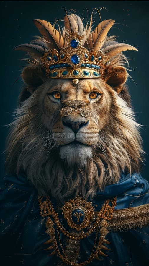 Lion majestueux avec couronne royale de plumes drapé dans un cap de soie illustration de vecteur