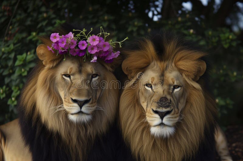 Lion pair, each with a simple crown of petunias royalty free stock image