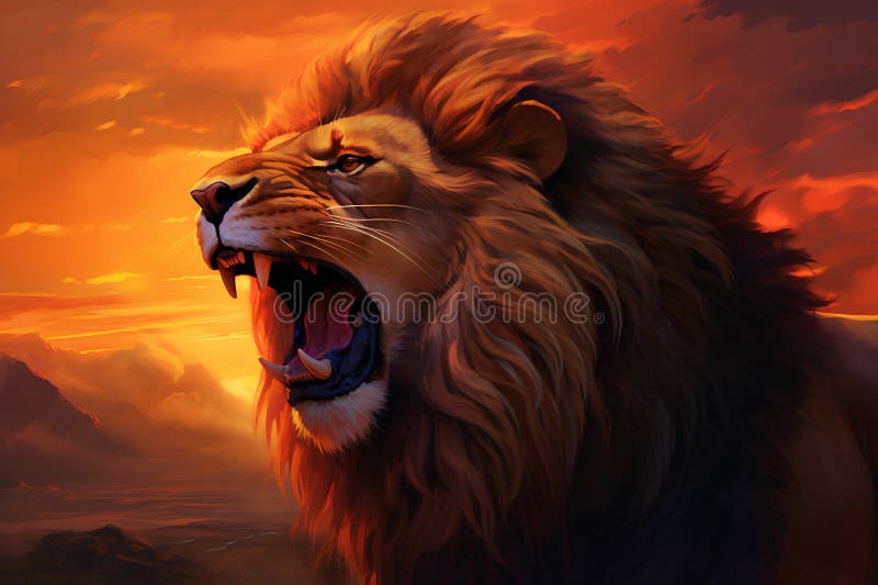 Lion roaring on the background of a beautiful sunset. 3D rendering vector illustration