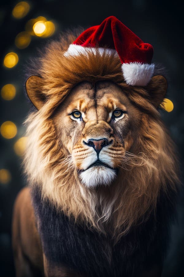 Lion with santa hat on it&x27;s head and christmas tree in the background. Generative AI