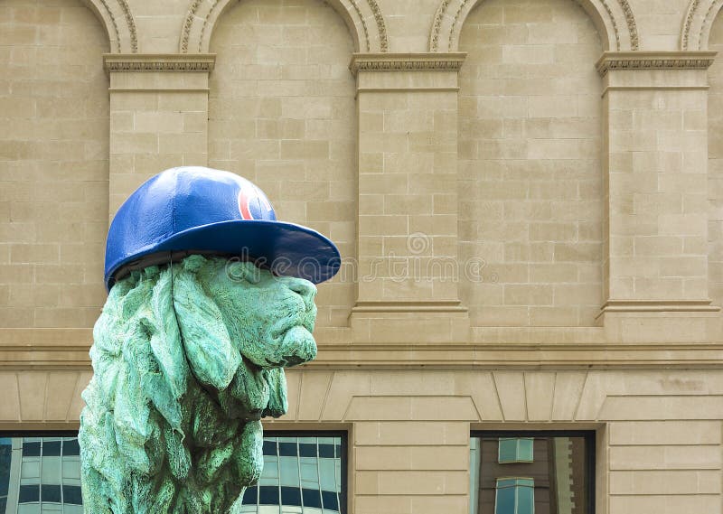 Lion Sculpture in Chicago with Cubs hat
