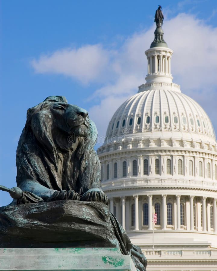 The Lion Sculpture with US Capitol Background Stock Image Image of