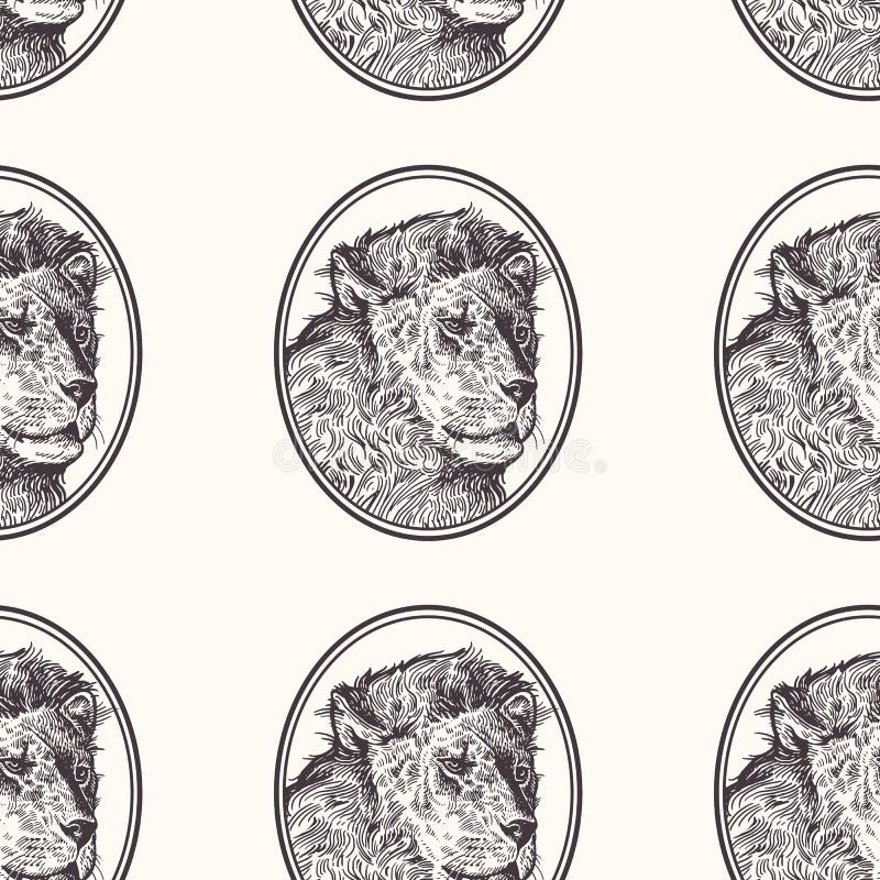 Lion. Seamless pattern with animals of Africa. Hand drawing of wildlife. Vector illustration art. Black and white. Old engraving. royalty free illustration Lion. Seamless pattern with animals of Africa. Hand drawing of wildlife. Vector illustration art. Black and white. Old engraving. royalty free illustration