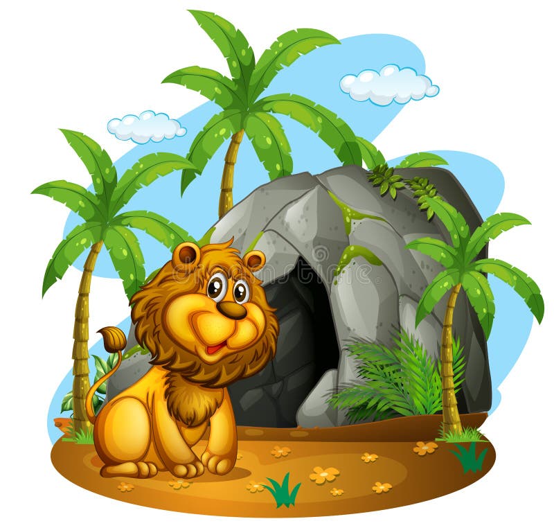 Lion sits in front of cave stock illustration. Illustration of character -  67234792
